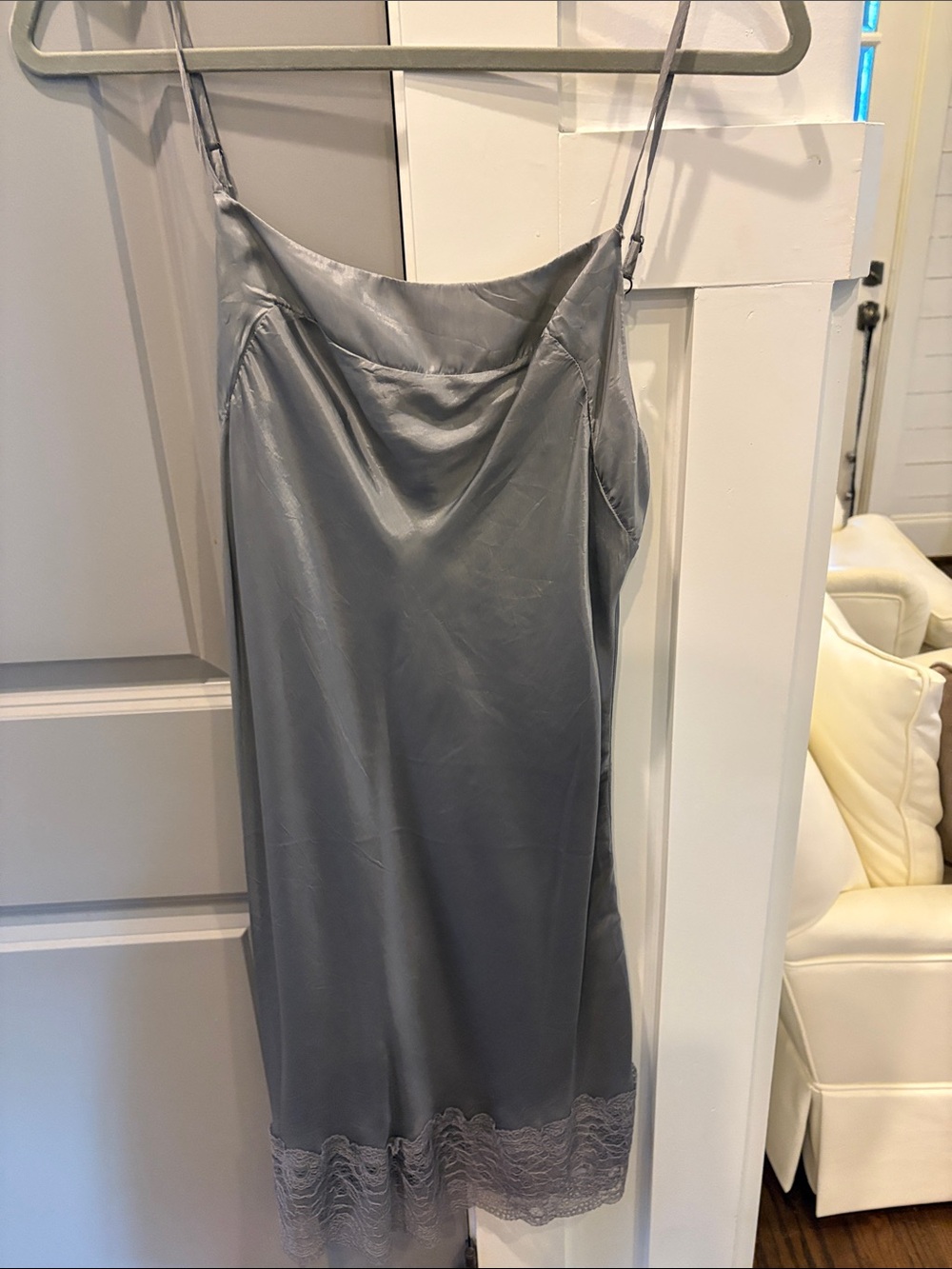 Twin-Set Silky Gray Slip Midi Dress with Lace Hem
